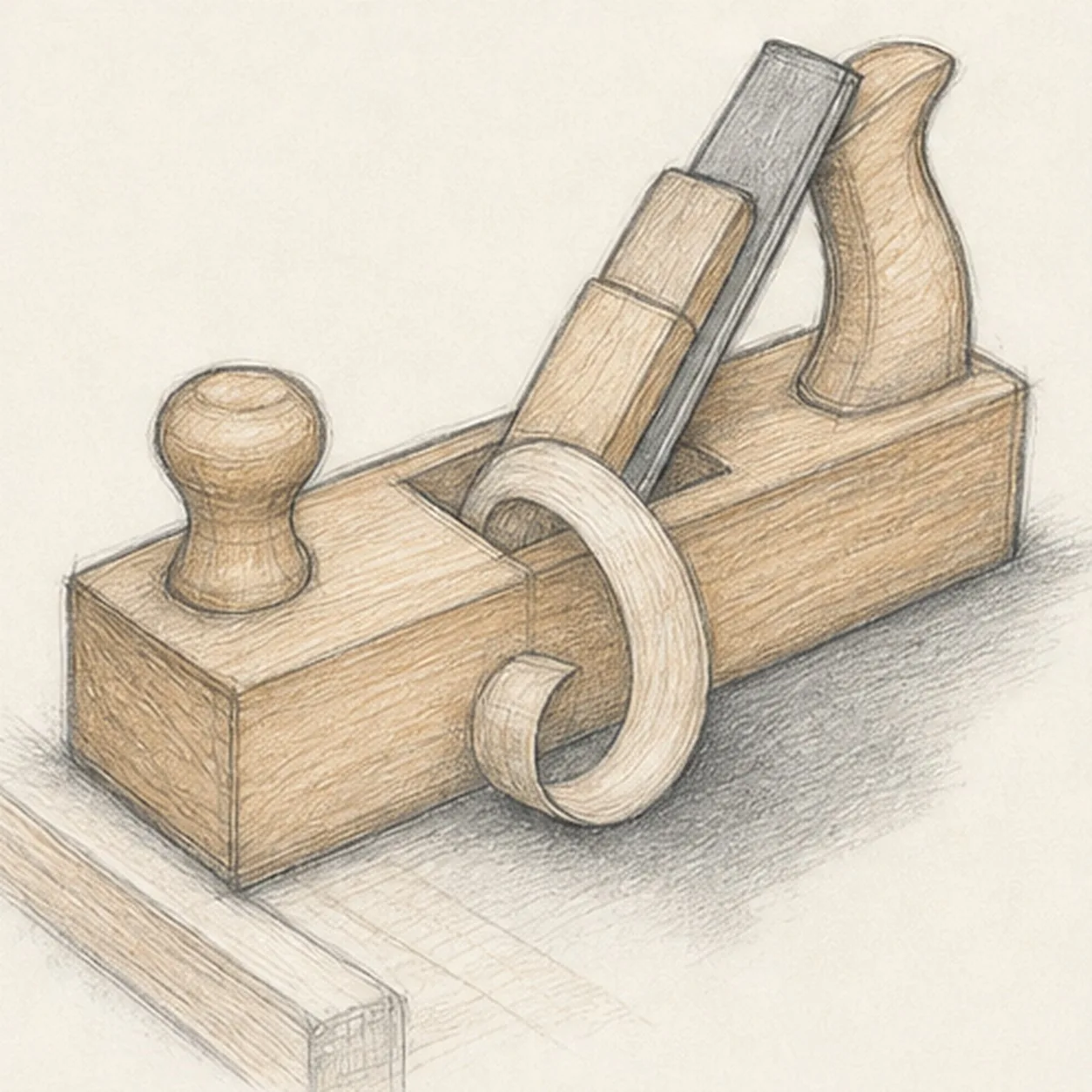 Show wood, steel, and the bench stage for how to draw a hand plane and shaving