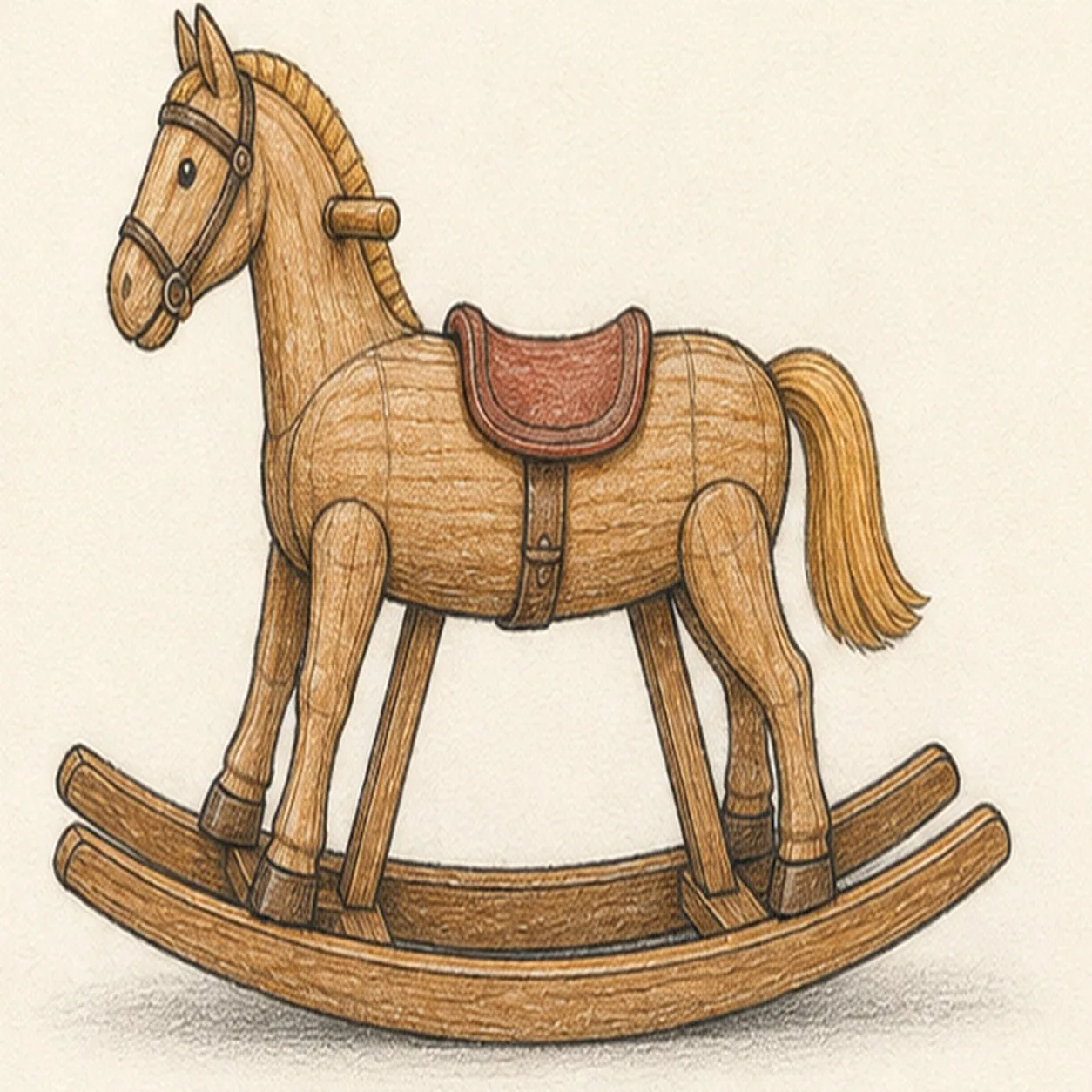 Handmade graphite and colored-pencil sketch of a side-view wooden rocking horse with four legs, two curved rocker rails, two support braces, a muted red saddle, dark bridle, handle peg, ochre mane and tail, wood grain, and a soft gray cast shadow
