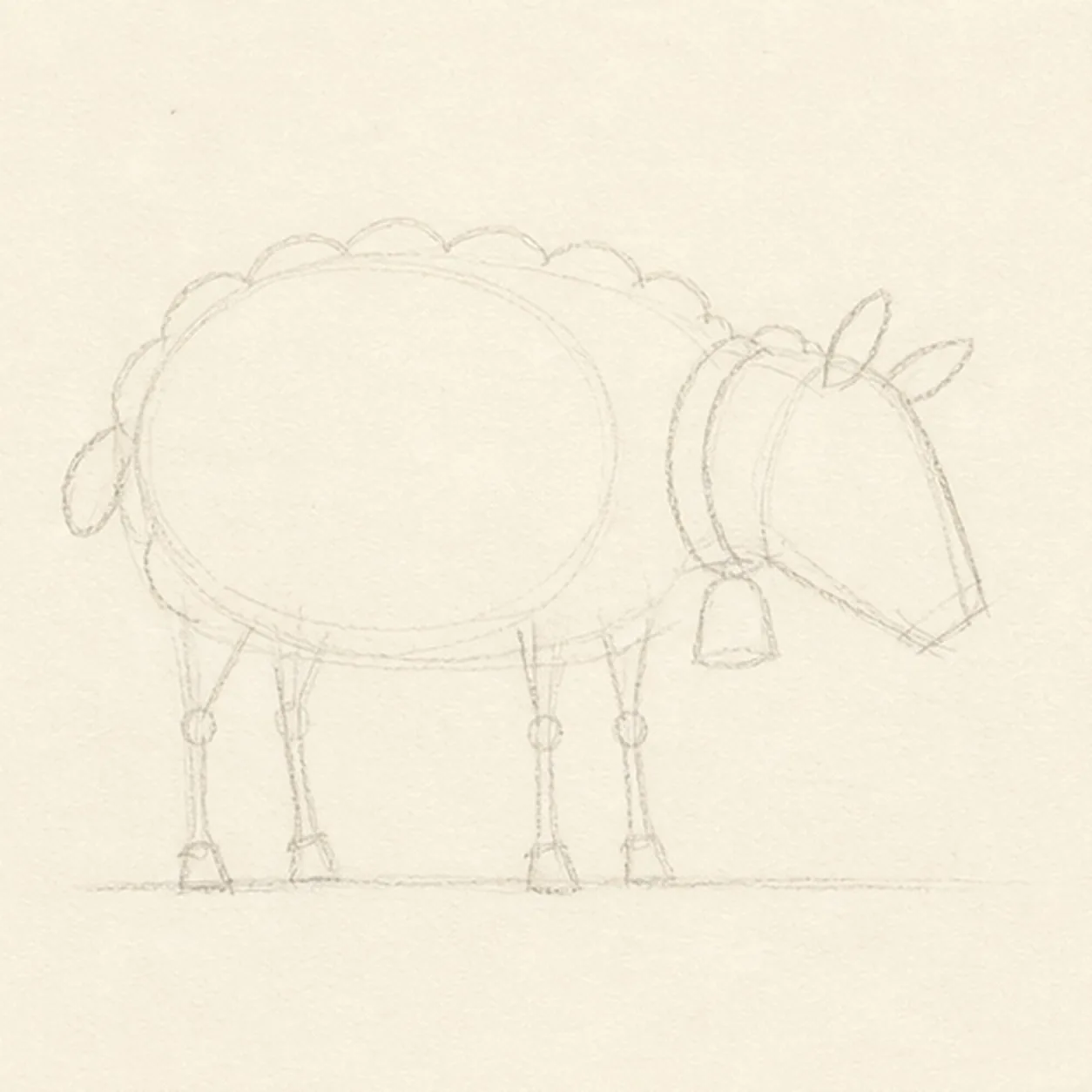 Place the sheep's woolly frame stage for how to draw a woolly sheep with a bell